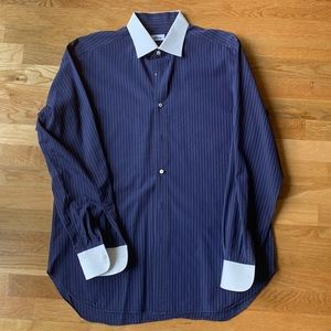 Brioni Dress Shirt - Navy with Gold Pinstripes